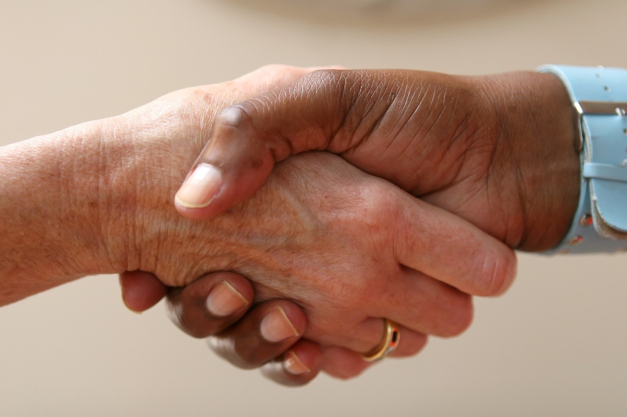 Close-up of a handshake (two hands shaking in agreement/greeting)